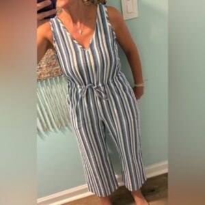 DREW Blue and White Striped Jumpsuit